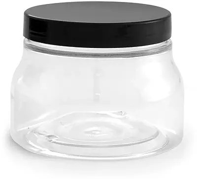 8 oz w/ Smooth Cap Clear PET Tuscany Jars w/ Black Smooth Plastic Caps