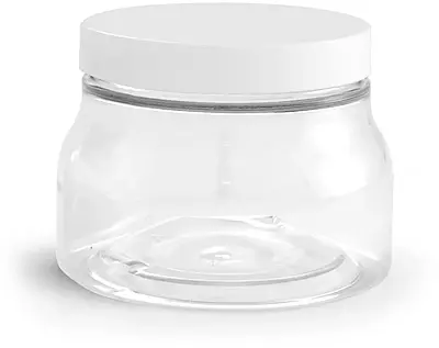 8 oz w/ Smooth Cap PET Plastic Jars, Clear Tuscany Jars w/ White Smooth Plastic Caps