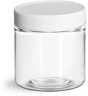 4 oz Clear PET Jars w/ White Ribbed Plastic Unlined Caps
