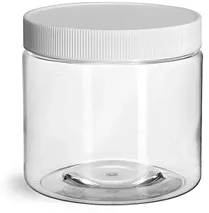 16 oz Clear PET Jars w/ White Ribbed Plastic Unlined Caps