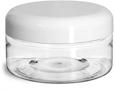 8 oz Plastic Jars, Clear PET Heavy Wall Jars w/ Lined White Plastic Dome Caps