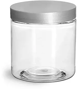 8 oz Clear PET Straight Sided Jars w/ Silver Smooth Lined Caps