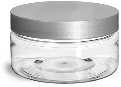 8 oz Clear PET Heavy Wall Jars w/ Silver Smooth Lined Caps