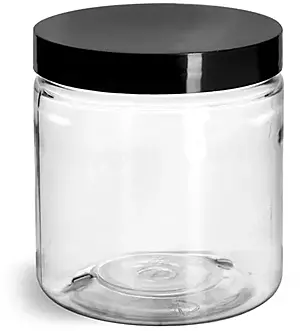 8 oz Clear PET Jars w/ Black Smooth Plastic Lined Caps