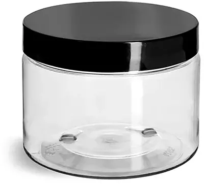 12 oz Clear PET Jars w/ Black Smooth Plastic Lined Caps