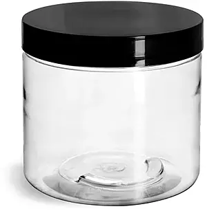 16 oz Clear PET Jars w/ Black Smooth Plastic Lined Caps