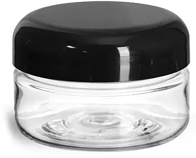 2 oz Plastic Jars, Clear PET Heavy Wall Jars w/ Black Smooth Lined Plastic Dome Caps