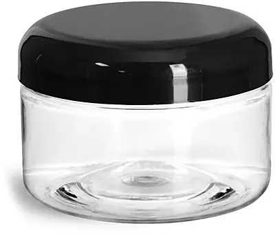4 oz Plastic Jars, Clear PET Heavy Wall Jars w/ Black Smooth Lined Plastic Dome Caps