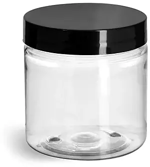 4 oz Clear PET Straight Sided Jars w/ Black Smooth Plastic Lined Caps