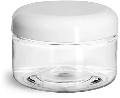 4 oz Plastic Jars, Clear PET Heavy Wall Jars w/ Lined White Plastic Dome Caps