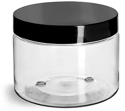 12 oz Clear PET Straight Sided Jars w/ Black Smooth Plastic Lined Caps