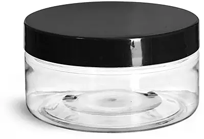 8 oz Clear PET Heavy Wall Jars w/ Black Smooth Lined Caps