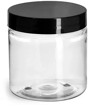 4 oz Plastic Jars, Clear PET Straight Sided Jars w/ Black Smooth Induction Lined Caps