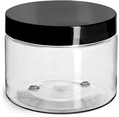 12 oz Plastic Jars, Clear PET Straight Sided Jars w/ Black Smooth Induction Lined Caps