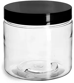 16 oz Plastic Jars, Clear PET Straight Sided Jars w/ Black Smooth Induction Lined Caps