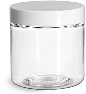 4 oz Plastic Jars, Clear PET Straight Sided Jars w/ White Smooth Induction Lined Caps