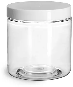 8 oz Plastic Jars, Clear PET Straight Sided Jars w/ White Smooth Induction Lined Caps