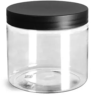 16 oz Plastic Jars, Clear PET Jars w/ Frosted Black Lined Caps