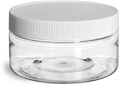 8 oz Plastic Jars, Clear PET Heavy Wall Jars w/ White Ribbed Lined Caps