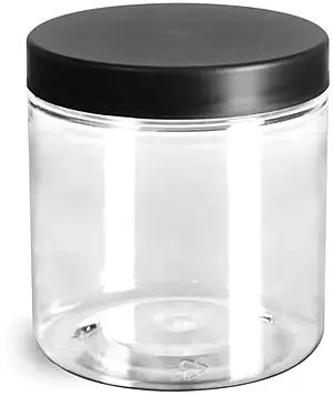 8 oz Clear PET Jars w/ Frosted Black Lined Caps