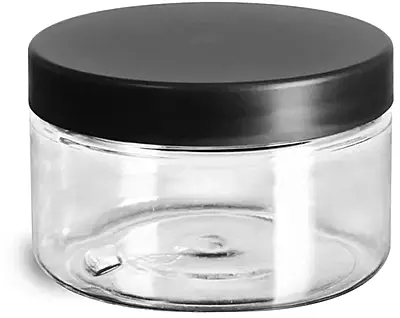 4 oz Plastic Jars, Clear PET Heavy Wall Jars w/ Frosted Black Lined Caps