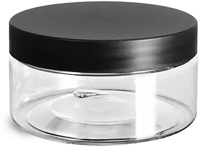 8 oz Plastic Jars, Clear PET Heavy Wall Jars w/ Frosted Black Lined Caps