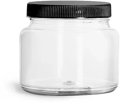 22 oz Clear PET Straight Sided Jars w/ Ribbed Black PE Lined Caps