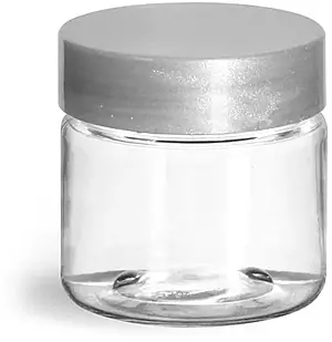 1 oz Clear PET Straight Sided Jars w/ Silver Smooth Lined Caps