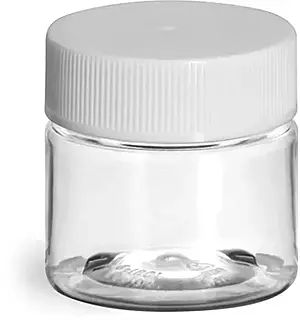 1/2 oz Clear PET Jars w/ White Ribbed Plastic Unlined Caps