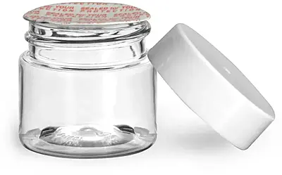 1/2 oz Plastic Jars, Clear PET Straight Sided Jars w/ White Smooth Induction Lined Caps