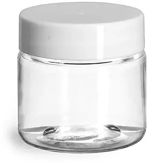 1 oz Plastic Jars, Clear PET Straight Sided Jars w/ White Smooth Induction Lined Caps