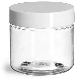 2 oz Plastic Jars, Clear PET Straight Sided Jars w/ White Smooth Induction Lined Caps