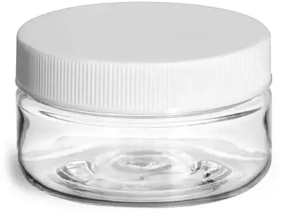2 oz Plastic Jars, Clear PET Heavy Wall Jars w/ White Ribbed Lined Caps