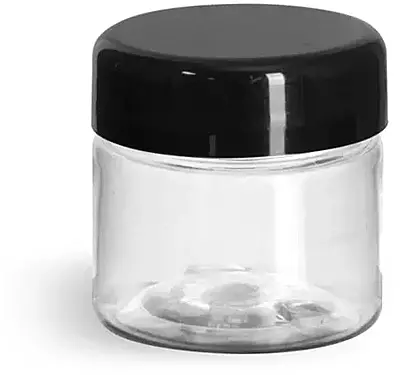1/2 oz Clear PET Straight Sided Jars w/ Black Smooth Lined Plastic Dome Caps