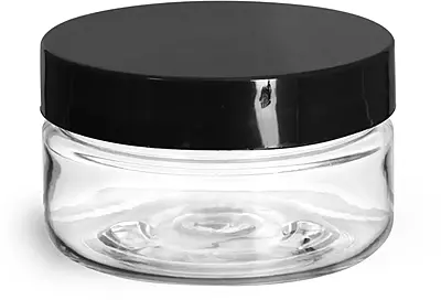 2 oz Clear PET Heavy Wall Jars w/ Black Smooth Plastic Lined Caps