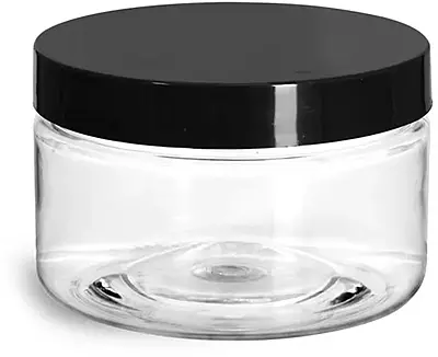 4 oz Clear PET Heavy Wall Jars w/ Black Smooth Plastic Lined Caps