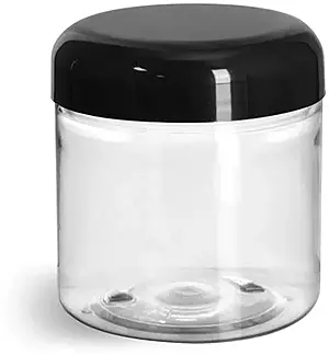 4 oz Clear PET Straight Sided Jars w/ Black Smooth Lined Plastic Dome Caps
