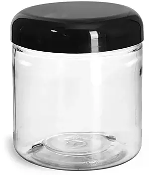 8 oz Clear PET Straight Sided Jars w/ Black Smooth Lined Plastic Dome Caps