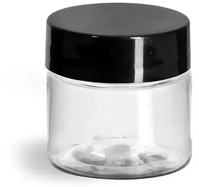 1/2 oz Clear PET Straight Sided Jars w/ Black Smooth Plastic Lined Caps