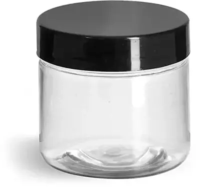 2 oz Clear PET Straight Sided Jars w/ Black Smooth Plastic Lined Caps
