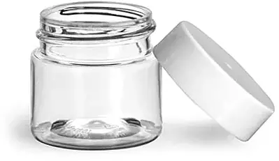 1/2 oz Clear PET Straight Sided Jars w/ White Smooth Plastic Lined Caps