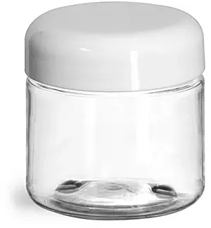 2 oz Plastic Jars, Clear PET Straight Sided Jars w/ White PE Lined Dome Caps