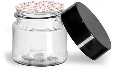 1/2 oz Clear PET Jars w/ Black Smooth Plastic Lined Caps