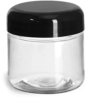 2 oz Clear PET Straight Sided Jars w/ Black Smooth Lined Plastic Dome Caps
