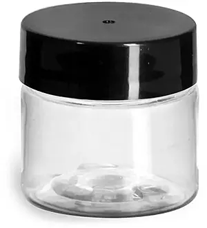 1/2 oz Plastic Jars, Clear PET Straight Sided Jars w/ Black Smooth Induction Lined Caps