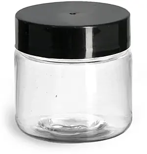 1 oz Plastic Jars, Clear PET Straight Sided Jars w/ Black Smooth Induction Lined Caps