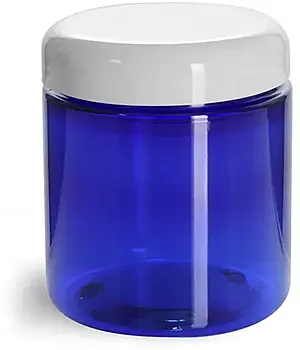 8 oz PET Plastic Jars, Blue Straight Sided Jars w/ White Dome Lined Caps