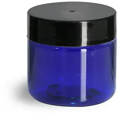 1 oz Blue PET Straight Sided Jars w/ Black Smooth Plastic Lined Caps