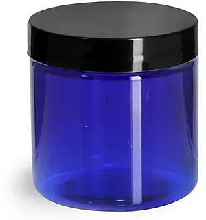 4 oz Blue PET Straight Sided Jars w/ Black Smooth Plastic Lined Caps