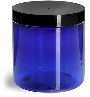 8 oz Blue PET Straight Sided Jars w/ Black Smooth Plastic Lined Caps